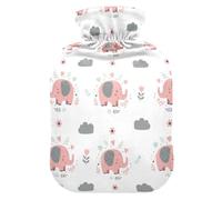 Flowers Elephants White Hot Water Bottle with Cover for Pain Relief Heating Bottle for Headaches Back Pain, 1L