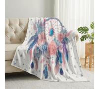 Flowers Feathers Warm Printed Blanket, Bohemian Ultra-Soft Fleece Flannel Throw Blanket for Children Adults, Blue Pink Lightweight Blankets for Couch Sofa Bed Office, 180 x 200 cm
