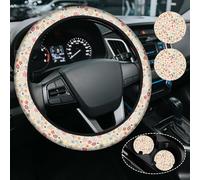 Flowers Floral Cute Steering Wheel Cover for Women Men, Anti-Slip High Elastic Neoprene Car Accessories Steering Wheel Covers, Universal 15 Inch for Cars, SUVS, Includes 2 Ceramic Cup Coasters