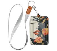 Flowers Girl Face Leather Cute id Badge Holder with Lanyard and 3-Card Capacity Name Card Holder for Staffs Officers Students Doctors Employees