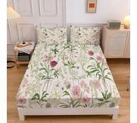 Flowers Green Leaves Print Microfiber 4FT-Small Double Ultra Soft Breathable Fitted Bed Sheet, 30cm Deep Pocket Microfiber Classic Plants Fitted Sheets for 4FT-Small Double Bed 120x190cm