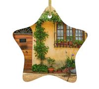 Flowers Green Plants City Life Double-Sided Printed Ceramic Star Christmas Ornament With Gold Hanging Cord-Festive Holiday Decoration For Home,Store, Christmas Tree