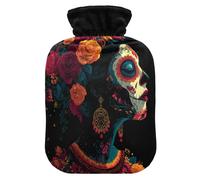 Flowers Halloween Skull Black Hot Water Bottle with Cover for Pain Relief Heating Bottle for Menstrual Cramps, 2L