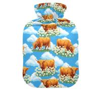 Flowers Highland Cow Blue Hot Water Bottle with Cover for Pain Relief Hot Bottle Water Bag for Headaches, 2L