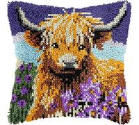 Flowers Highland Cow Latch Hook Kits Pillow for Adults Throw Pillow Pre-Printed Patterns Pillowcase Needlework Crochet Yarns Latch Hooking Cushion for Sofa Decor 17x17inch(y29)