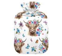 Flowers Highland Cow White Hot Water Bottle with Cover for Pain Relief Heating Bottles for Adults, 2L
