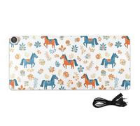 Flowers Horse White Pattern Heated Desk Mat Large Heated Warm Desk Pad with 3 Heating Levels PU Leather Desktop Table Protector for Office Work Home, 35.4x15.7in