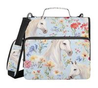 Flowers Horses Beautiful 3 Ringing 1.5 inch Binder with Extra Pockets with Handle and Removable Shoulder Strap Includes Zip Pocket Zippered Portfolio for Office School