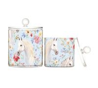 Flowers Horses Beautiful Clear Plastic storage container with lid Dresser Essentials Decorative small storage bins for Cotton Swabs,Cotton Pads,Floss Picks,Paper Clips,s 2 Pack