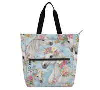 Flowers Horses Books Totes Book Bag for Boys Girls Adults Large Library Book Tote Bag Shoulder Bag with Pockets for School Shopping Grocery Rainbow