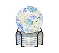 Flowers Hydrangea White Navy Blue Gradient,Round Ceramic Coasters, Mugs Pad, Cups Mat Set of 6 Drinks Coasters With Holder