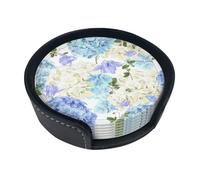 Flowers Hydrangea White Navy Blue Gradient,Set of 6 Round Coasters, Pu Leather Drinks Coasters with Holder for Home Office Kitchen