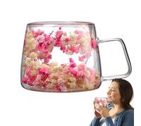 Flowers Inside Glass Coffee Mug, 200ml Double Wall Glass Coffee Mug with Flowers, Glass Flower Tea Cup, Creative Flower Mug with Handle, for Latte, Coffee, Cappuccino