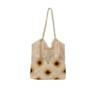 Flowers Knitted Shoulder Bag, Casual Vacation Bag, Knitting Hollow Out Tote, Crochet Tote Bag for Beach Holiday, Travel Shopping, Outdoor Activities (Beige)