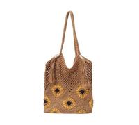 Flowers Knitted Shoulder Bag, Casual Vacation Bag, Knitting Hollow Out Tote, Crochet Tote Bag for Beach Holiday, Travel Shopping, Outdoor Activities (Khaki)