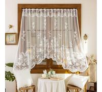 Flowers Lace Curtains Sheer Voile Cafe Kitchen Net Curtains for Windows | Rod Pocket, White, Vintage Swag, Embroidery Valance, for Boho Farmhouse Living Room Bedroom Closet,1 Panel, 160L x 300W cm