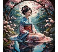 Flowers Lake Woman Diamond Art Kits for Adults,DIY 5D Square Full Drill Japanese Landscape diamond painting kits for Beginner,Gem Art Diamond Dots Embroidery Painting for Home Wall Decor 105x105 cm