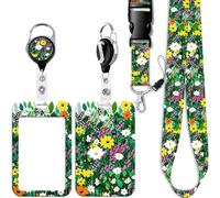 Flowers Lanyard with Card Holder Work School Retractable Heavy Duty Badge Holder Reel Clip Breakaway Cute Neck Keychian Lanyard for Keys ID Badge for Women Teens Girls Teachers Nurses Staff