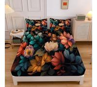 Flowers Leaves Print Bedding Fitted Sheet Single,Multicolor, Fitted Sheets Deep Pocket 12 inch (30 cm), Easy Care Soft Brushed Microfibre Wrinkle 90x190cm Abstract Floral Sheet + 2 Pillowcase