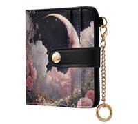 Flowers Moon Night Black Pattern Small Women Wallet PU Leather RFID Blocking Bifold Compact Card Holder with Zipper Coin Pocket Purse for Ladies Girls Women