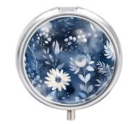 Flowers on Blue Background Pill Case with 3 Compartments - Portable Travel Pill Organizer for Purse, Easy-Open Button Design, Small Round Pillbox Vitamin Holder Organizer for Women Men