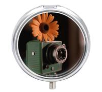 Flowers on Camera Pill Box Round Portable Small Pill Case Waterproof Travel Pill Box Organizer for Pocket Purse and Daily Convenience
