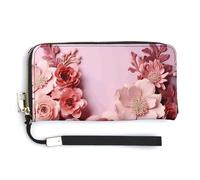 Flowers on Light Pink Background RFID Blocking Wallet for Women,Clutch With Change Pocket, Wristlet Wrist Strap with Card Slots