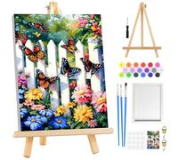 Flowers Paint by Numbers Kit for Adults Beginners Framed with Wooden Easel, Butterfly Adults' Paint-by-Number Kits on Canvas, Fence DIY Easy Acrylic Oil Painting by Numbers for Home Decor, 8x12in