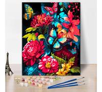 Flowers Painting by Number Sets Butterfly Painting Art on Canvas DIY Colourful Painting by Numbers for Adults for Living Room Bedroom Wall Decoration 16 x 20 Inches