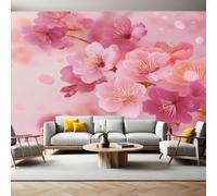 Flowers Photo Wallpaper 3D Effect Japanese Pink Cherry Blossoms Mural Wallpaper Non-Woven Wall Mural, 350 x 256 cm Large Murals Wall Decor for Bedroom, Living Room, Kids Room