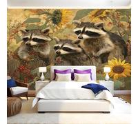 Flowers Photo Wallpaper Animal Raccoon Wall Mural Non-Woven Art Print 250 x 180cm Wallpaper Mural Photo Kids Bedroom Office Living Room Home Poster Decoration