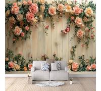 Flowers Photo Wallpaper Retro Wood Grain Butterfly Wallpaper for Living Room Bedroom 300 × 210 cm / 118" × 82.6" - Non-Woven Premium Art Print Fleece Wall Mural Decoration Poster