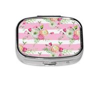 Flowers Pink Stripes,Meta Pill Box 2 Compartment Medicine Case,Portable Organizer,Rectangle Meta Portable Organizer Pill Box 1514 Compartment Medicine Case