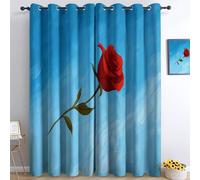 Flowers Red Rose Waves Printed Curtains Cartoon Style Blackout Window Curtain, Window Treatments for Children Kids Women Men Blackout Drapes Room Decor 66 x 72 Inch (2 Panels)
