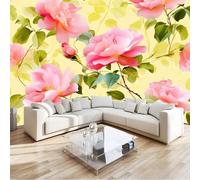 Flowers Rose Leaves Romantic Fragrant Wall Mural 300 x 210 cm Light Yellow Non-Woven Photo Wallpaper, Large Wall Covering for Living Room & Bedroom, Paste the Wall