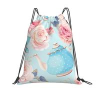 Flowers Roses Vintage Teapot Cups, Drawstring Backpack Unisex Sport Gym Bag Casual Daypack Drawstring Sackpack