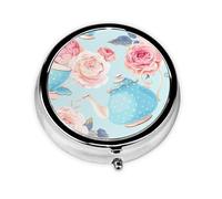 Flowers Roses Vintage Teapot Cups, Pill Box Round Pill Case for Pocket Or Purse Small Pill Container Travel Pill Organizer