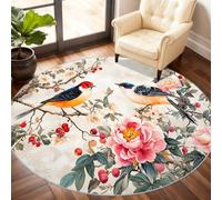Flowers Round Rug 120cm, Bird Circle Rugs, Pastoral Style Rug, Washable Round Carpet for Kitchen Dining Living Room Bathroom Beneath the Furniture