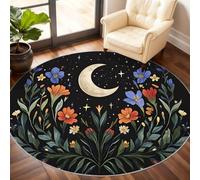 Flowers Round Rugs for Living Room, Starry Sky Rug 240cm, Moon Circle Carpet, Washable Round Rugs for Bedroom Dining Room Hallway Under the Bed
