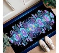 Flowers Runner Rug, Floral Modern Swirls Leaves Spring Blue Low Pile Sponge Doormat Rectangle Throw Rug Non Shedding for Kitchen Entryway Laundry Room Bedside Decor 2x3 Ft