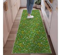 Flowers Runner Rug, Spring Natural Grass Bees Spring Green Non-Slip Home Indoor Pattern Carpets Non Shedding for Kitchen Entryway Laundry Room Bedside Decor 2x6 Ft