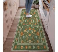 Flowers Runner Rug, Vintage Botanical Leaves Daisies Spring Green Low Pile Edge Binding Home Rectangle Carpet for Kitchen Entryway Bathroom Doorway Decor 2x6 Ft