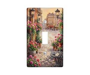Flowers Single Light Switch Cover Plate, Romantic Vintage Street Lanterns Summer Green Plastic Standard Size Toggle Light Switch Cover for Living Room Bedroom Home Office Decor (Single)