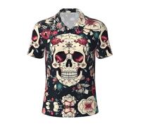 Flowers Skull Ornamental Pattern Men's Polo Shirt Performance Short Sleeve Golf Shirt for Casual Wear, Leisure Outings Black