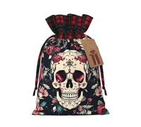 Flowers Skull Ornamental Pattern Print Christmas Drawstring Gift Bag Xmas Bags Festive Plaid Design Presents Packaging