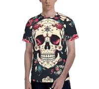 Flowers Skull Ornamental Pattern Print Short Sleeve Crew Neck T-Shirt Fashionable Casual Summer Comfortable Everyday Use Black