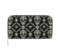 Flowers Skull Ornamental Pattern Print Women Leather Hand Wallet 7.9 X 3.9in Trendy Wallet Capacity Casual Travel Use, Black, One Size