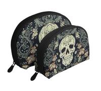 Flowers Skull Ornamental Pattern Printing Shell Makeup Bag Set 2-Piece Cosmetic Bags Portable Travel Makeup Storage Bag for Women Girls