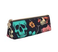 Flowers Skull Ornamental Print Large Capacity Leather Pencil Case Smooth Zippered Pen Pouch School Travel Makeup