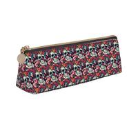 Flowers Skull Ornamental Printing Triangular Leather Pencil Case with Zipper Pen Pouchfor Boys Girls Pupil for Work and School